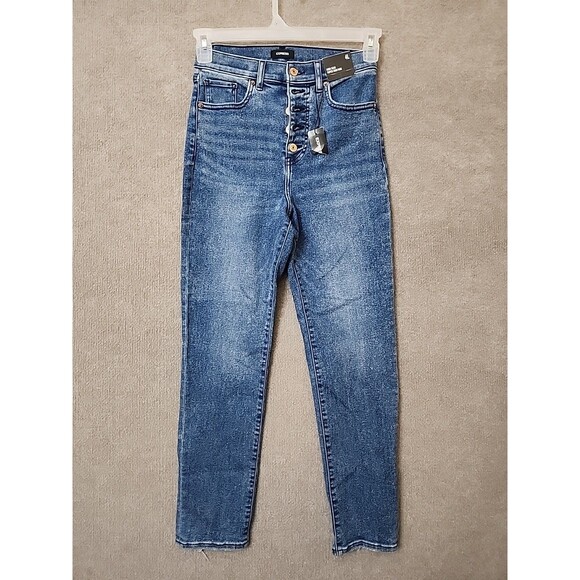 Express Super High Rise Mom Jeans Womens 4 Long Blue Button Fly Distressed NEW - Picture 1 of 11